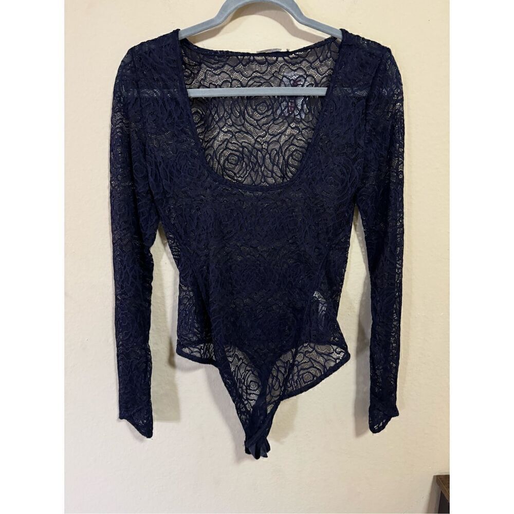Free People Black Blue Sheer Lace Long Sleeve Bodysuit S - Picture 5 of 8